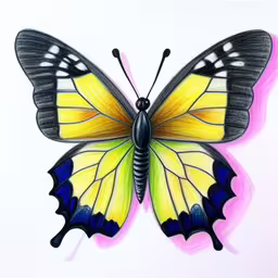 a butterfly drawing with colored pencils on paper,a beautiful colored butterfly on white paper,a butterfly drawn with colored pencils and colored paper,an image of a colored butterfly in the air,drawing of a butterfly on paper showing its wings