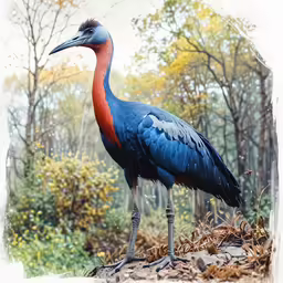 a large colorful bird stands in front of some leaves and trees