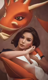 a woman posing with an orange dragon mask