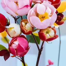 a vase filled with lots of pink and yellow flowers