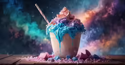 a cup with colorful ice cream sitting on top of a table
