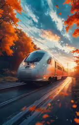 an electric train passing through a rural area with fall foliage