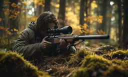 a man with dreadlocks holding a rifle in a forest