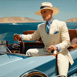 a man in a white suit is sitting in an old blue car,a man sitting on a car with a hat and suit