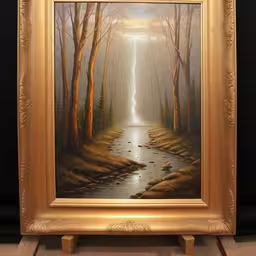 an oil painting of a path through a misty forest,a painting with a light that is shining into the woods,a painting of the view of a stream in the forest,this is a large painting of the scene,a painting with an image of trees in it