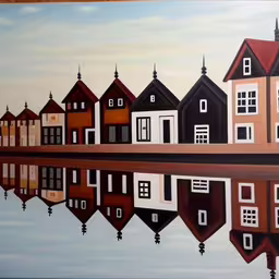 a painting shows a large body of water surrounded by many small buildings,a painting of houses on a body of water