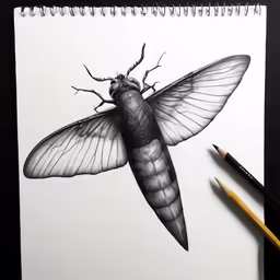 a drawing of a bug with wings and a head