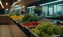 fruits and vegetables are lined up in serving trays