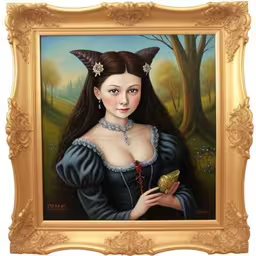 an old painting of a woman with horns on her head,a painting of a girl holding a frog