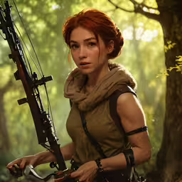 a woman with red hair in the woods holding a bow and arrows,a woman dressed in brown holding up a bow and arrow