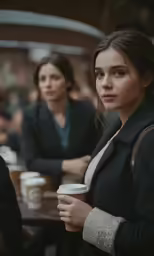 a beautiful woman holding a cup of coffee