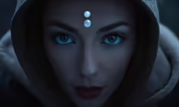 the face of a woman in hooded clothing with dark makeup