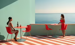 a girl sits at a table and looks out over the water