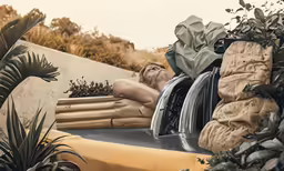 a woman laying on top of a yellow vehicle