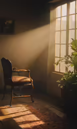 a chair in a sunlit room is seen from the corner