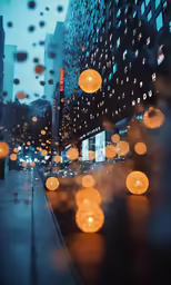 the lights are on down the street in the rain