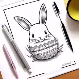 a drawing of a rabbit with a decorated egg,the drawing of an easter egg with an animal on it is next to some markers and a marker,a drawing of a rabbit sitting in an egg shell,a rabbit wearing an egg drawn on paper,a drawing of a bunny with an egg in its belly
