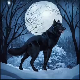 a large black wolf standing on a snowy hill with the moon in the background