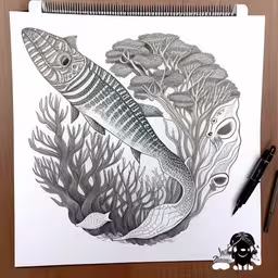 an ink drawing shows two fish swimming in the ocean,the picture is ready to be displayed on the table