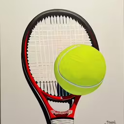 a painting of a tennis racket and a tennis ball,a painting of a tennis racket and a ball
