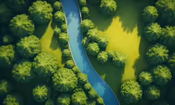 the aerial view shows how the landscape is surrounded by many trees