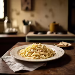 pasta served with parmesan cheese in a rustic kitchen