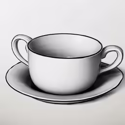 a drawing of a white cup and saucer