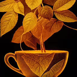 a plant sitting in a coffee cup, with the light coming through the leaf
