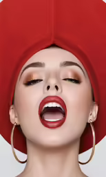 woman with red lips and a very large hat