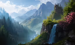 a painting shows a mountain scene with a waterfall and a castle in the background