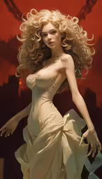 a woman with long, curly blonde hair wearing a white dress