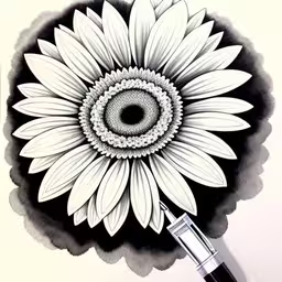 a drawing of a flower on a sheet of paper,this drawing shows an eyeball shaped sunflower, with a stylus,a pen with ink painting a sunflower,drawing with black and white paint on a paper,a pen on top of a drawing of a sunflower