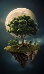 a piece of artwork with a tree that is floating on a hill and its moon rising above