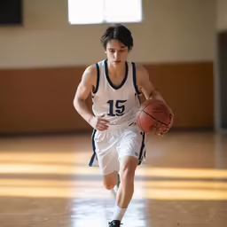 a basketball player dribbles down the court