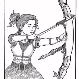 the girl shoots the bow at the target in a drawing,a drawing of the queen of hearts from brave,a drawing of the woman in an armor,the girl is aiming an arrow at a bow,an adult coloring page featuring a girl in a skirt shooting a bow at an arrow