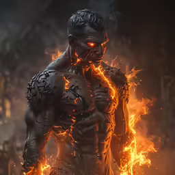 a man is standing in front of fire with his chest and head glowing