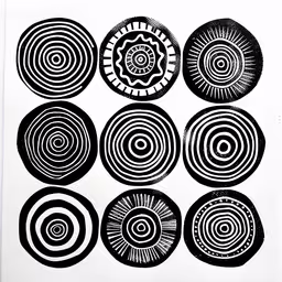 six circle designs are in black and white,nine black and white prints that are arranged