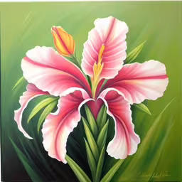 picture of beautiful flower in grass on green background,a painting of flowers that look like pink flowers on green grass,painting of a pink flower by a green background,a painting of flowers that is outside on a sunny day,a painting of a pink flower on a green background