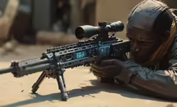 a man is holding an arg rifle