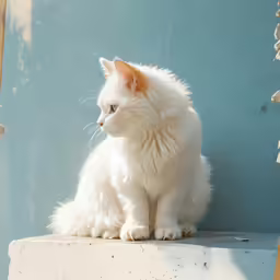 a white cat is sitting on a cement bench