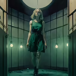 a woman walking down a hallway next to an open door