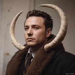 a man with horns on his head wearing a coat and tie