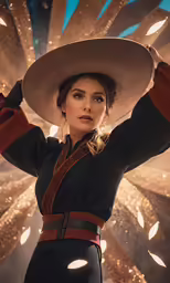a woman in a hat and dress posing
