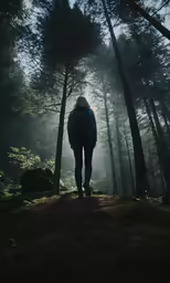 a person in the woods on a foggy day