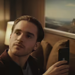 a man holds his phone while sitting on a couch