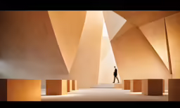 person walking up the stairs inside a large concrete building