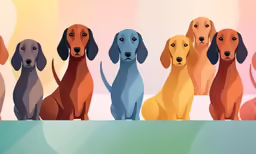 colorful dogs standing next to each other on a light green and blue background