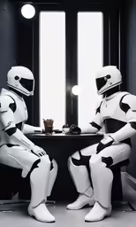 two storm troopers sit at a table in an office