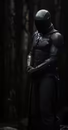 the man is wearing armor in the dark woods