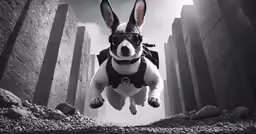 a dog wearing a backpack jumps into the air from a ledge